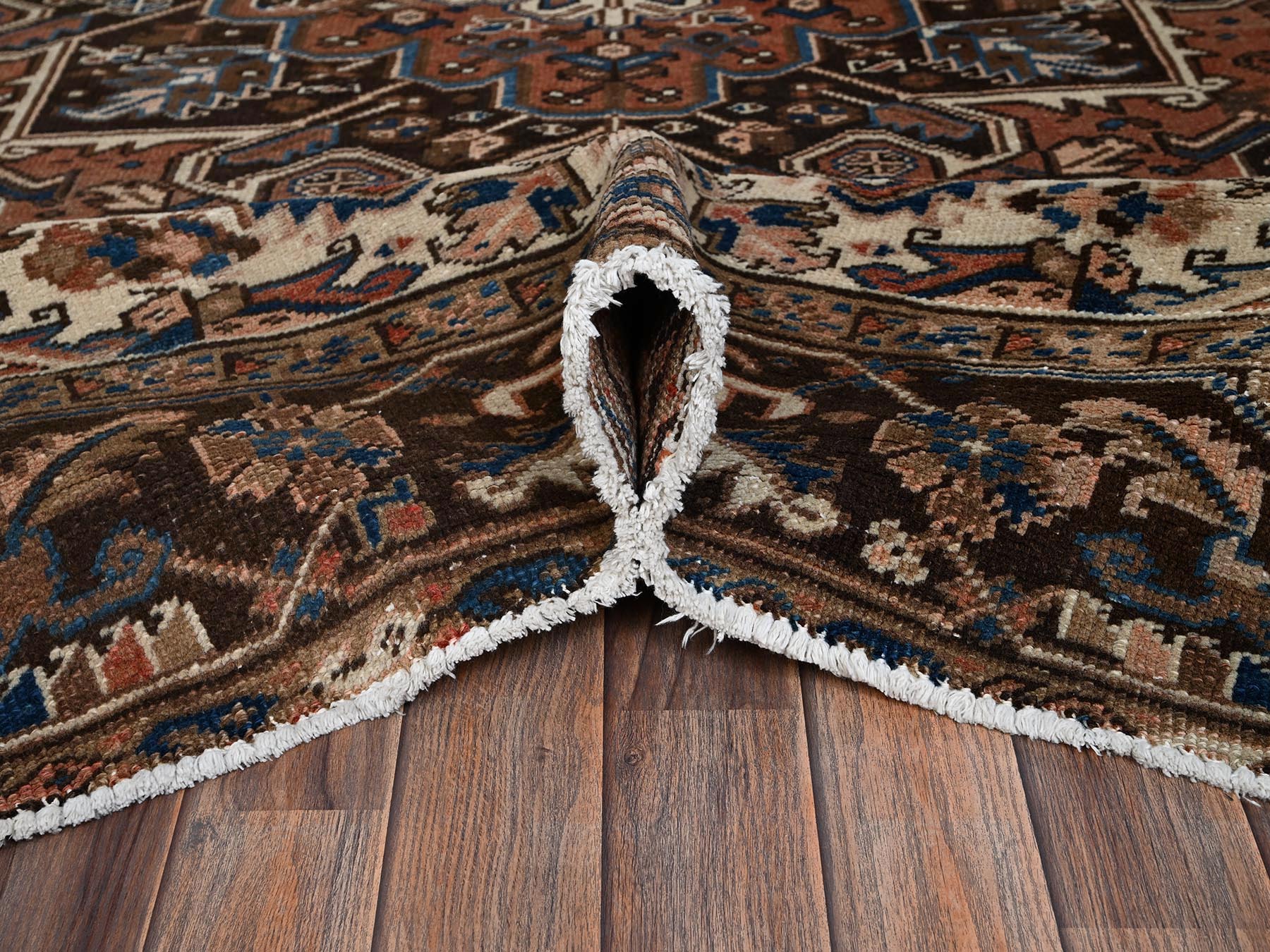 8'2"x10'10" Amber Brown, Vintage Persian Heriz with Geometric Medallion Design, Sheared Low, Sides and Ends Professionally Secured, Clean, Hand Knotted, 100% Wool, Oriental Rug HR2330 - Image 6