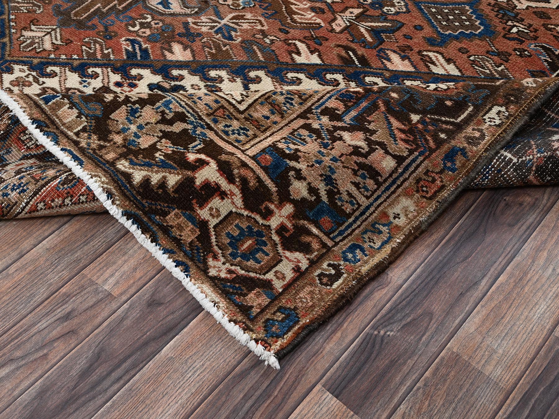 8'2"x10'10" Amber Brown, Vintage Persian Heriz with Geometric Medallion Design, Sheared Low, Sides and Ends Professionally Secured, Clean, Hand Knotted, 100% Wool, Oriental Rug HR2330 - Image 7