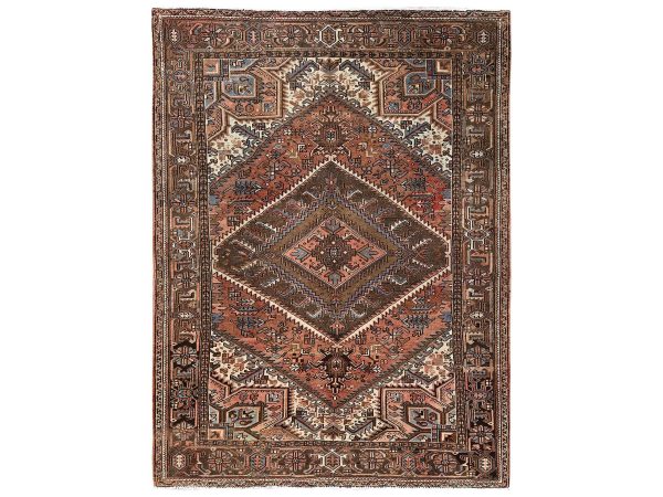 7'6"x10'5" Amber Brown, Vintage Persian Heriz with Serrated Medallion Design, Shaved Down, Sides and Ends Professionally Secured, Clean, Hand Knotted, 100% Wool, Oriental Rug HR2335