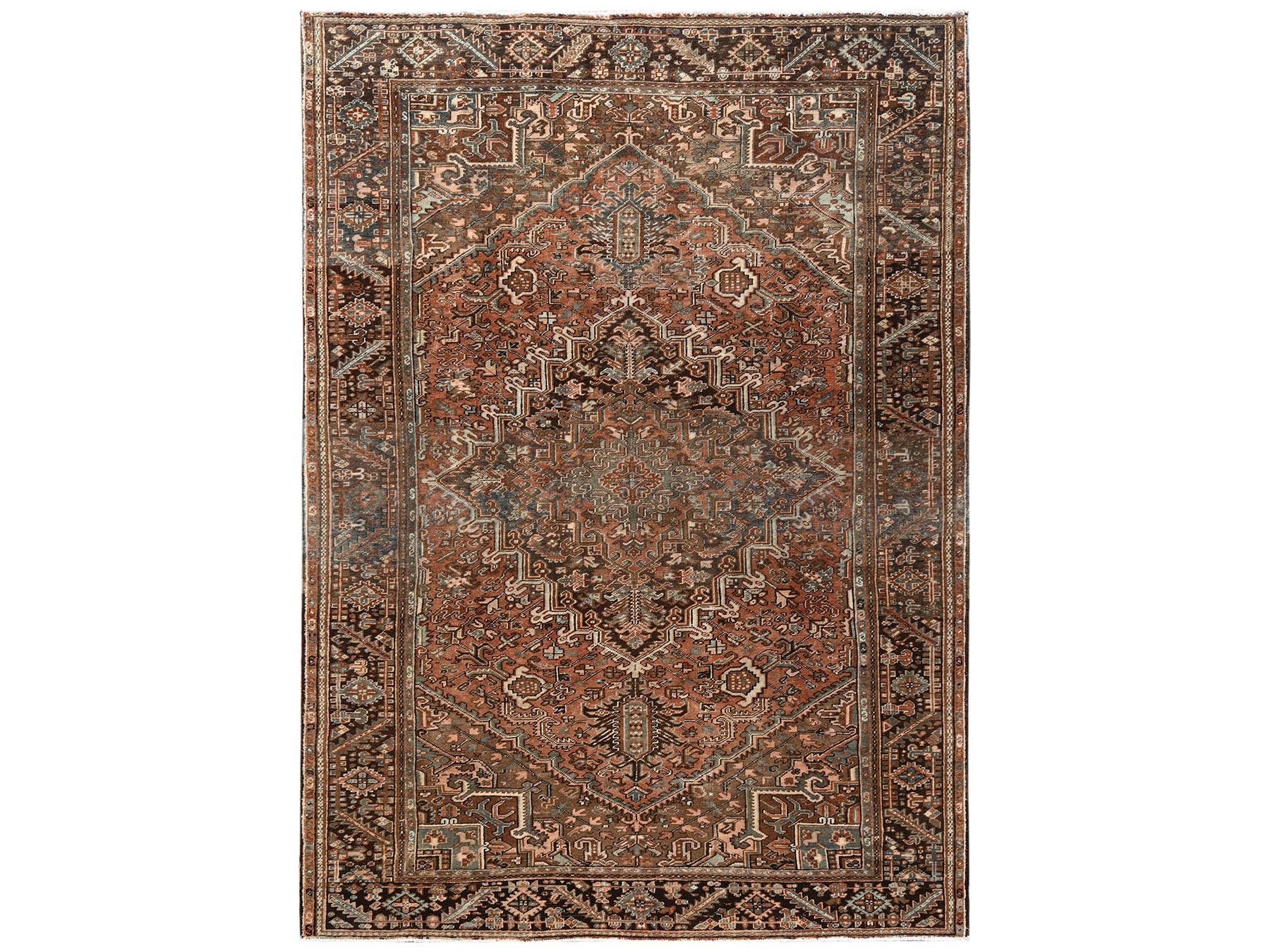 8'x11'1" Umber Brown, Vintage Persian Heriz with Geometric Medallion Design, Sheared Low, Sides and Ends Professionally Secured, Clean, Hand Knotted, 100% Wool, Oriental Rug HR2337