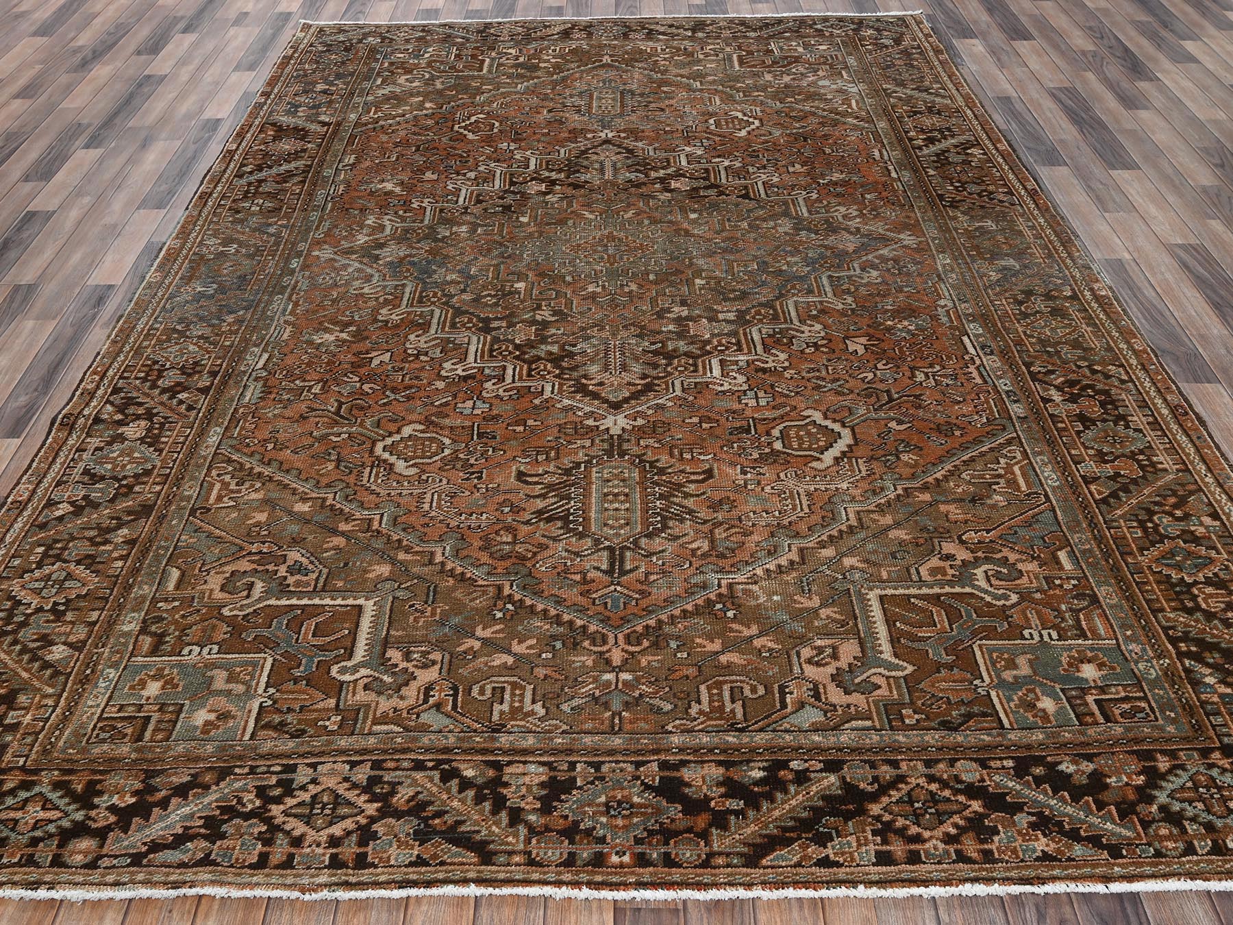 8'x11'1" Umber Brown, Vintage Persian Heriz with Geometric Medallion Design, Sheared Low, Sides and Ends Professionally Secured, Clean, Hand Knotted, 100% Wool, Oriental Rug HR2337 - Image 2