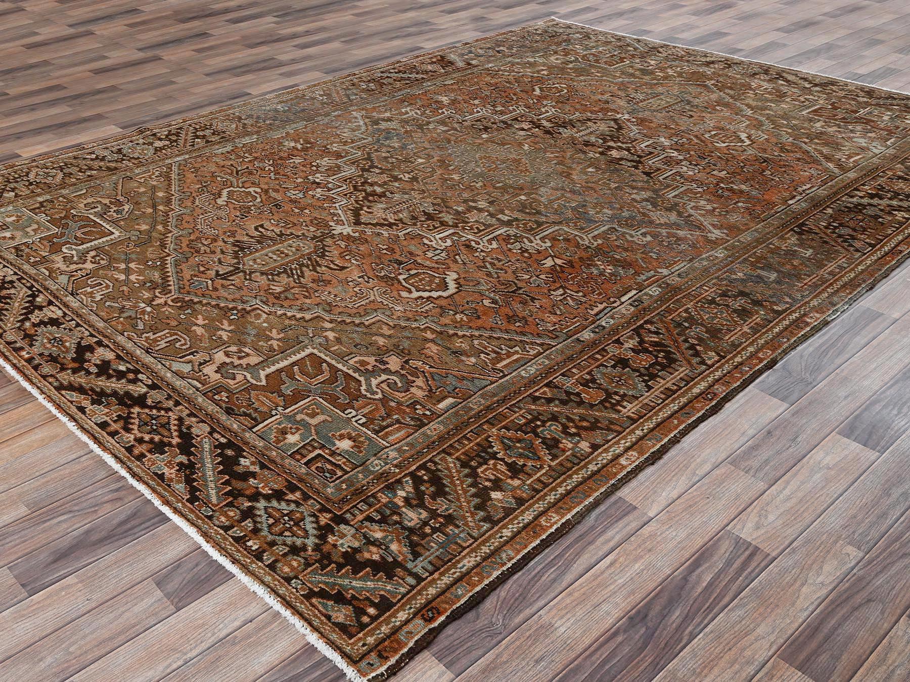 8'x11'1" Umber Brown, Vintage Persian Heriz with Geometric Medallion Design, Sheared Low, Sides and Ends Professionally Secured, Clean, Hand Knotted, 100% Wool, Oriental Rug HR2337 - Image 3