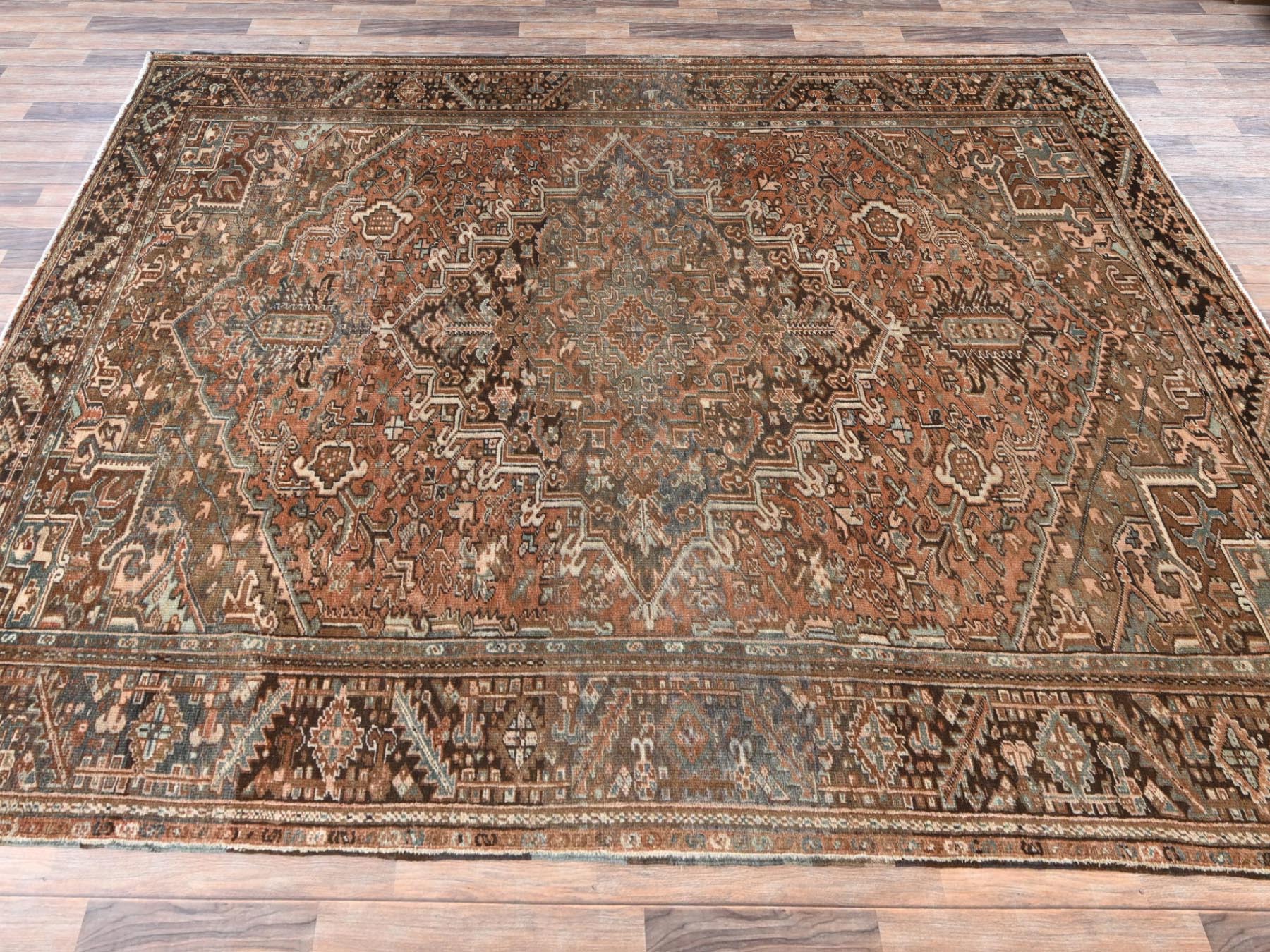 8'x11'1" Umber Brown, Vintage Persian Heriz with Geometric Medallion Design, Sheared Low, Sides and Ends Professionally Secured, Clean, Hand Knotted, 100% Wool, Oriental Rug HR2337 - Image 4