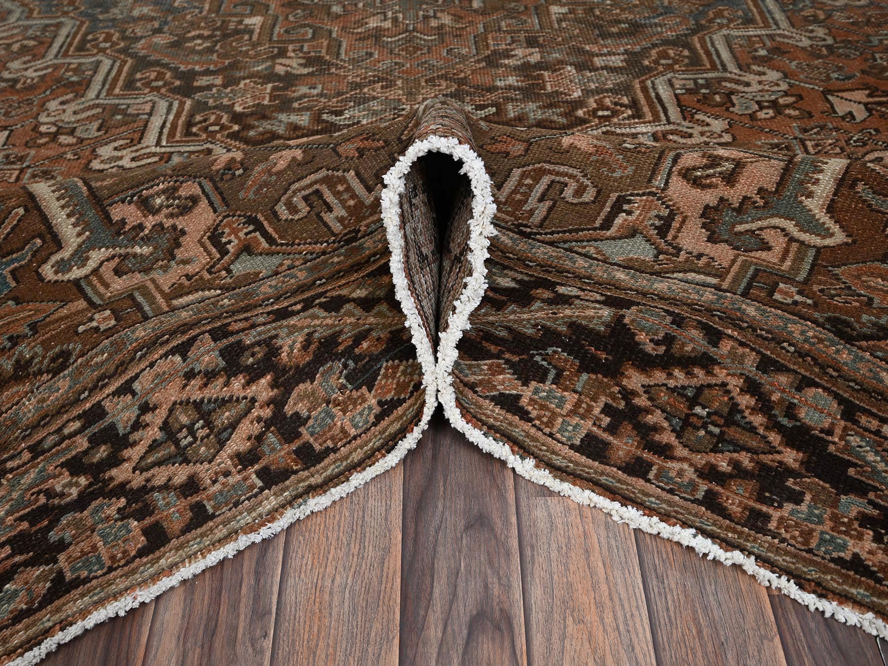 8'x11'1" Umber Brown, Vintage Persian Heriz with Geometric Medallion Design, Sheared Low, Sides and Ends Professionally Secured, Clean, Hand Knotted, 100% Wool, Oriental Rug HR2337 - Image 6