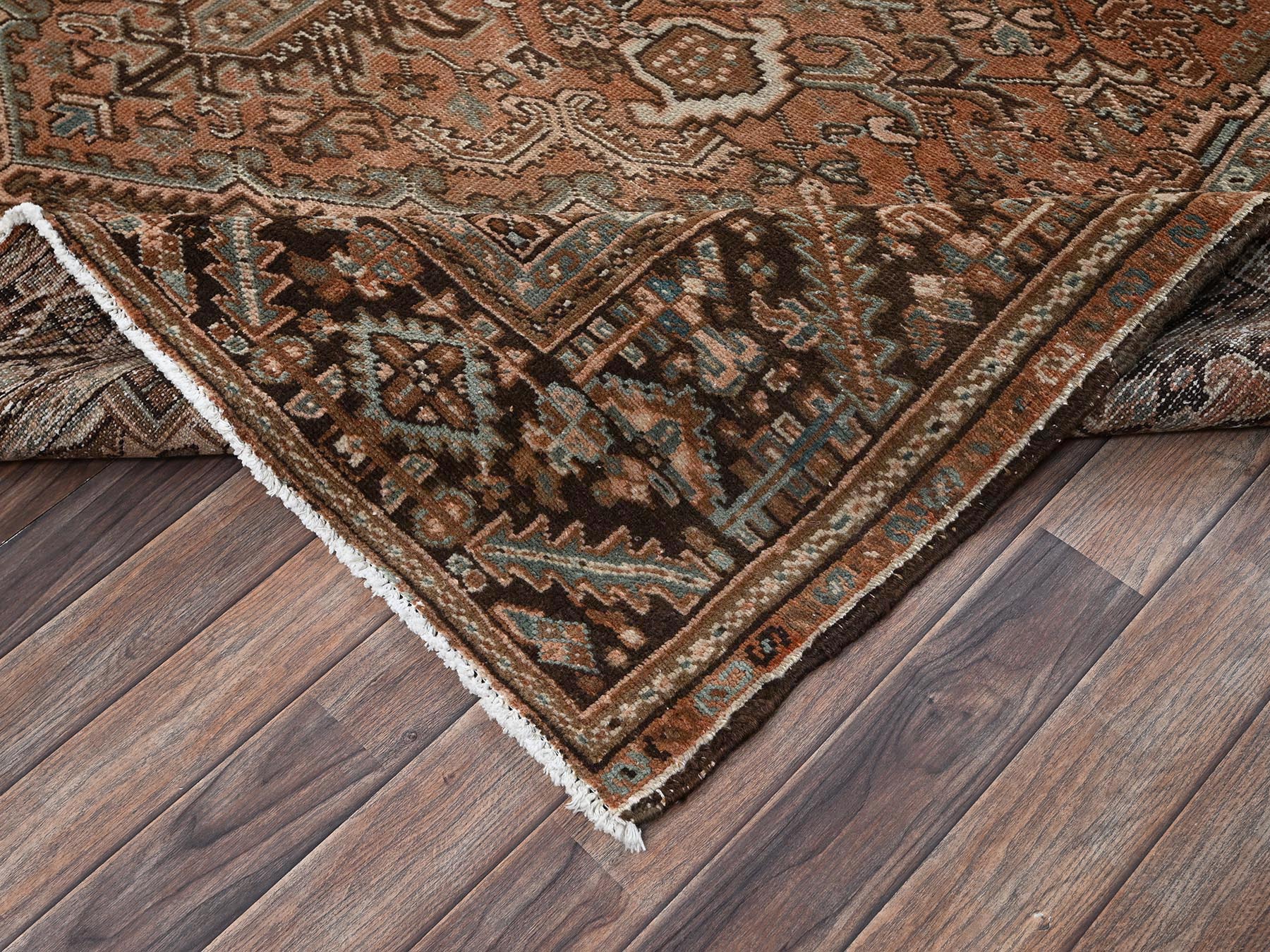 8'x11'1" Umber Brown, Vintage Persian Heriz with Geometric Medallion Design, Sheared Low, Sides and Ends Professionally Secured, Clean, Hand Knotted, 100% Wool, Oriental Rug HR2337 - Image 7