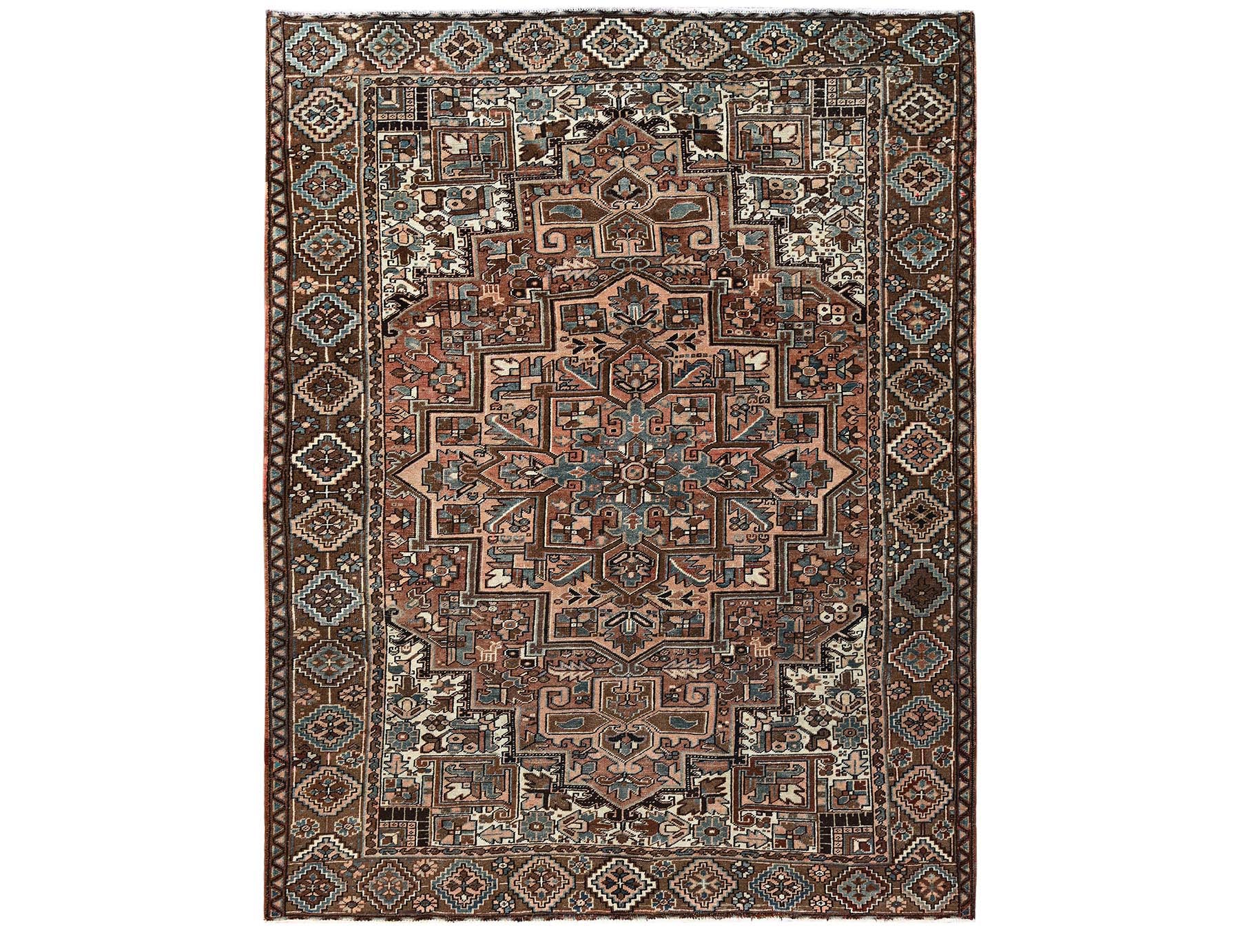 8'5"x11' Sierra Brown, Vintage and Worn, Persian Heriz with Geometric Medallion Design, Shaved Down, Sides and Ends Professionally Secured, Clean, Hand Knotted, 100% Wool, Oriental Rug HR2340