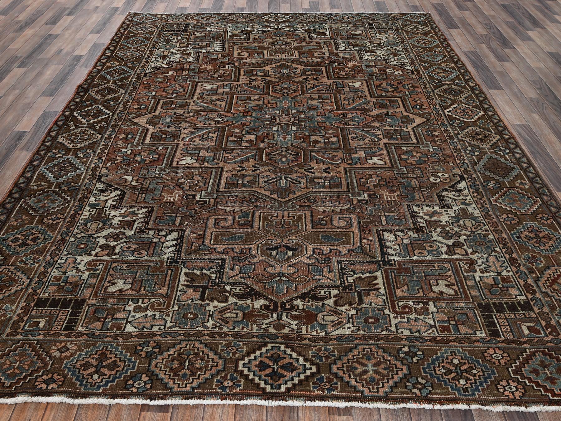 8'5"x11' Sierra Brown, Vintage and Worn, Persian Heriz with Geometric Medallion Design, Shaved Down, Sides and Ends Professionally Secured, Clean, Hand Knotted, 100% Wool, Oriental Rug HR2340 - Image 2