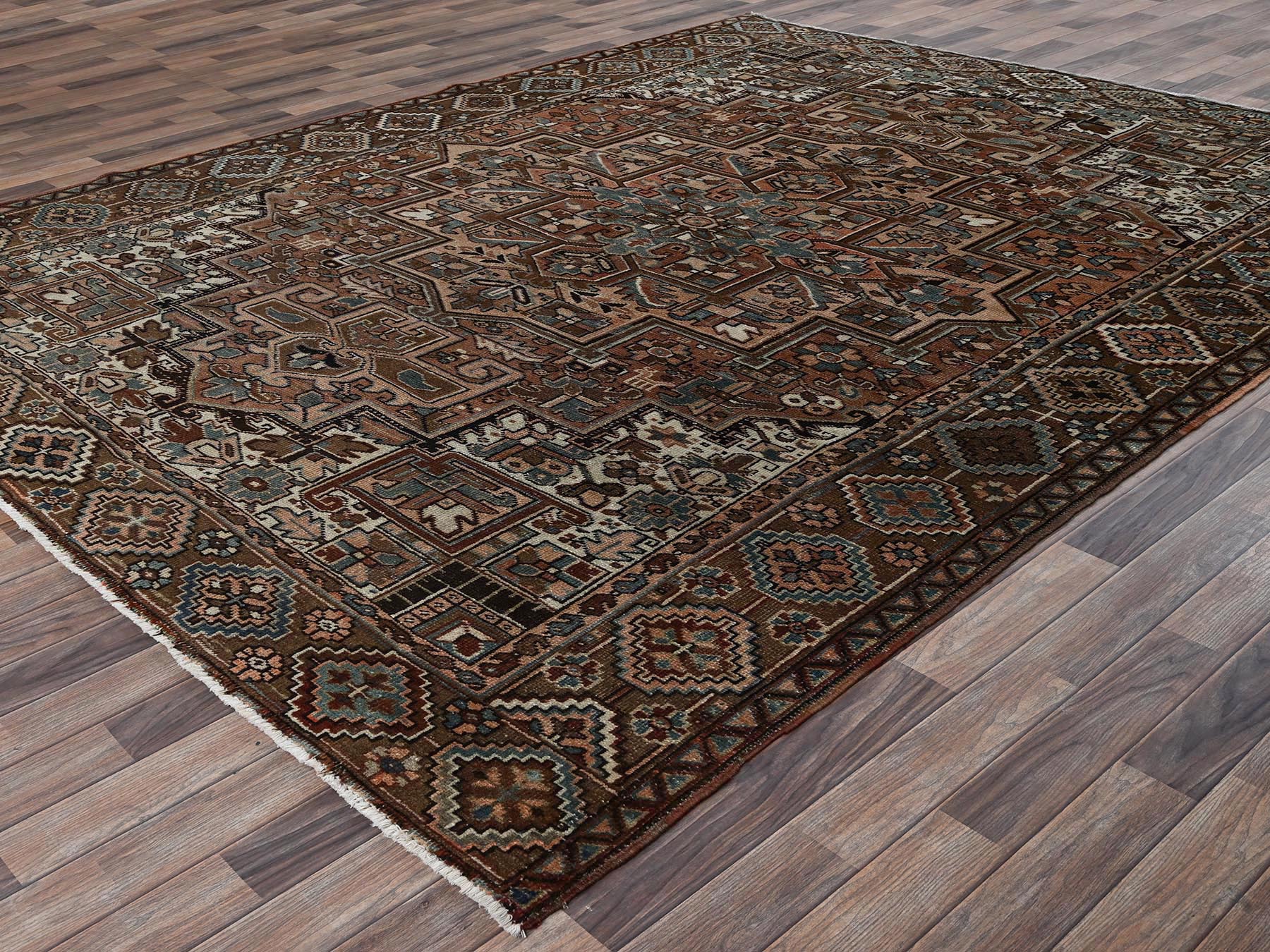 8'5"x11' Sierra Brown, Vintage and Worn, Persian Heriz with Geometric Medallion Design, Shaved Down, Sides and Ends Professionally Secured, Clean, Hand Knotted, 100% Wool, Oriental Rug HR2340 - Image 3