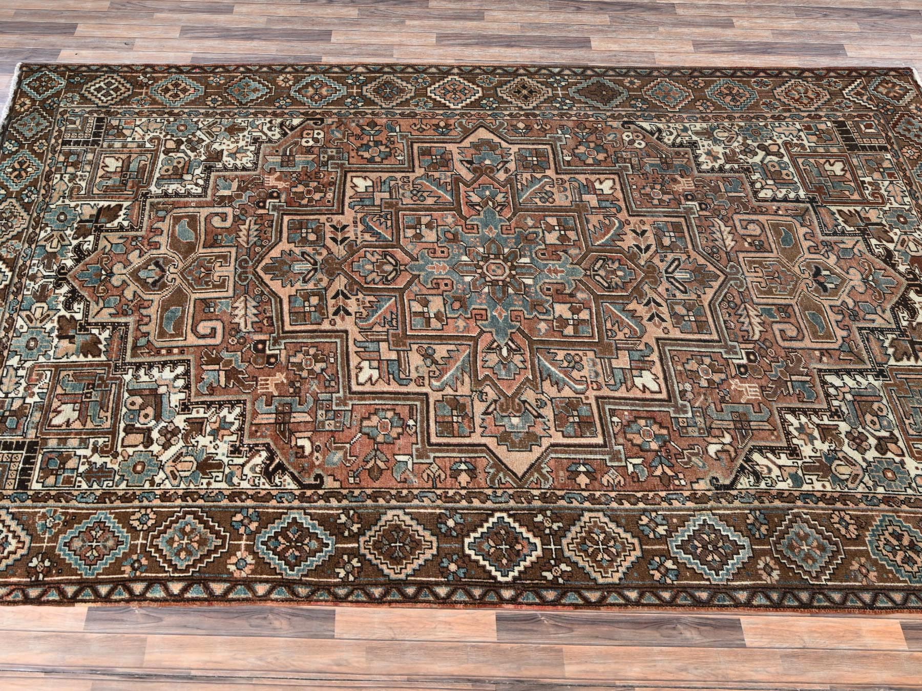 8'5"x11' Sierra Brown, Vintage and Worn, Persian Heriz with Geometric Medallion Design, Shaved Down, Sides and Ends Professionally Secured, Clean, Hand Knotted, 100% Wool, Oriental Rug HR2340 - Image 4