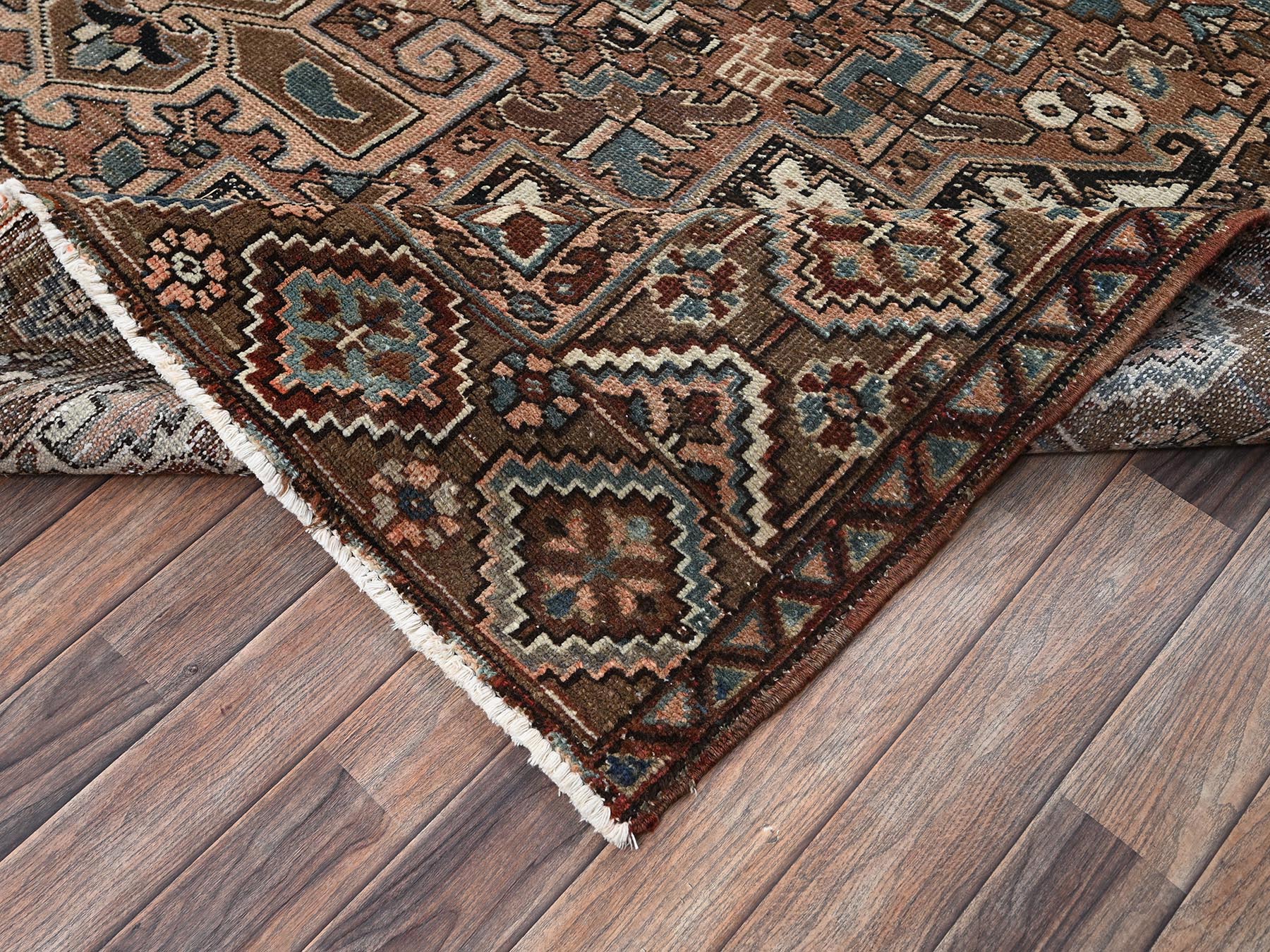 8'5"x11' Sierra Brown, Vintage and Worn, Persian Heriz with Geometric Medallion Design, Shaved Down, Sides and Ends Professionally Secured, Clean, Hand Knotted, 100% Wool, Oriental Rug HR2340 - Image 7