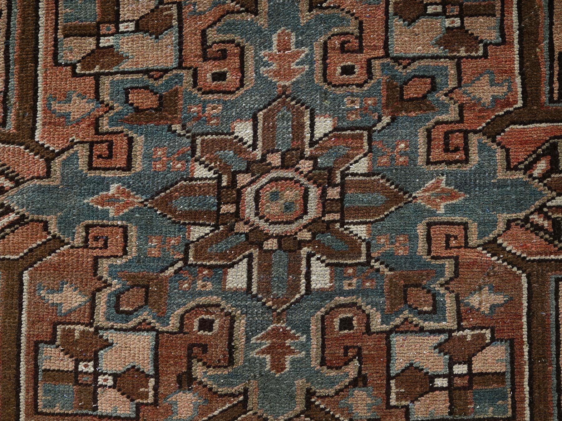 8'5"x11' Sierra Brown, Vintage and Worn, Persian Heriz with Geometric Medallion Design, Shaved Down, Sides and Ends Professionally Secured, Clean, Hand Knotted, 100% Wool, Oriental Rug HR2340 - Image 9