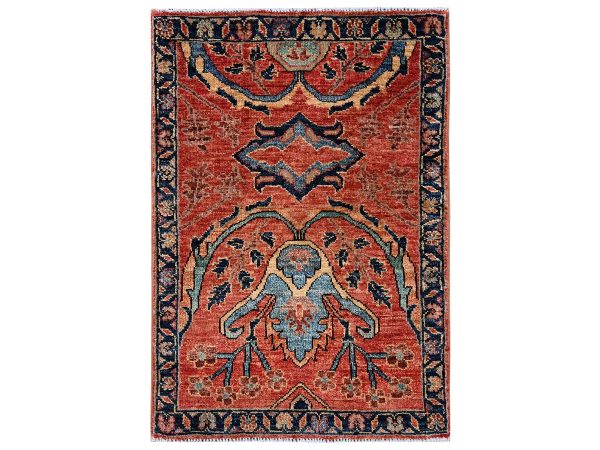 2'1"x3' Coral Orange, Heriz All Over Design, Aryana Grade, Vegetable Dyes, Soft Pile, Hand Knotted, High Mountain Wool, Densely Woven, Sample, Mat, Oriental Rug HR2400