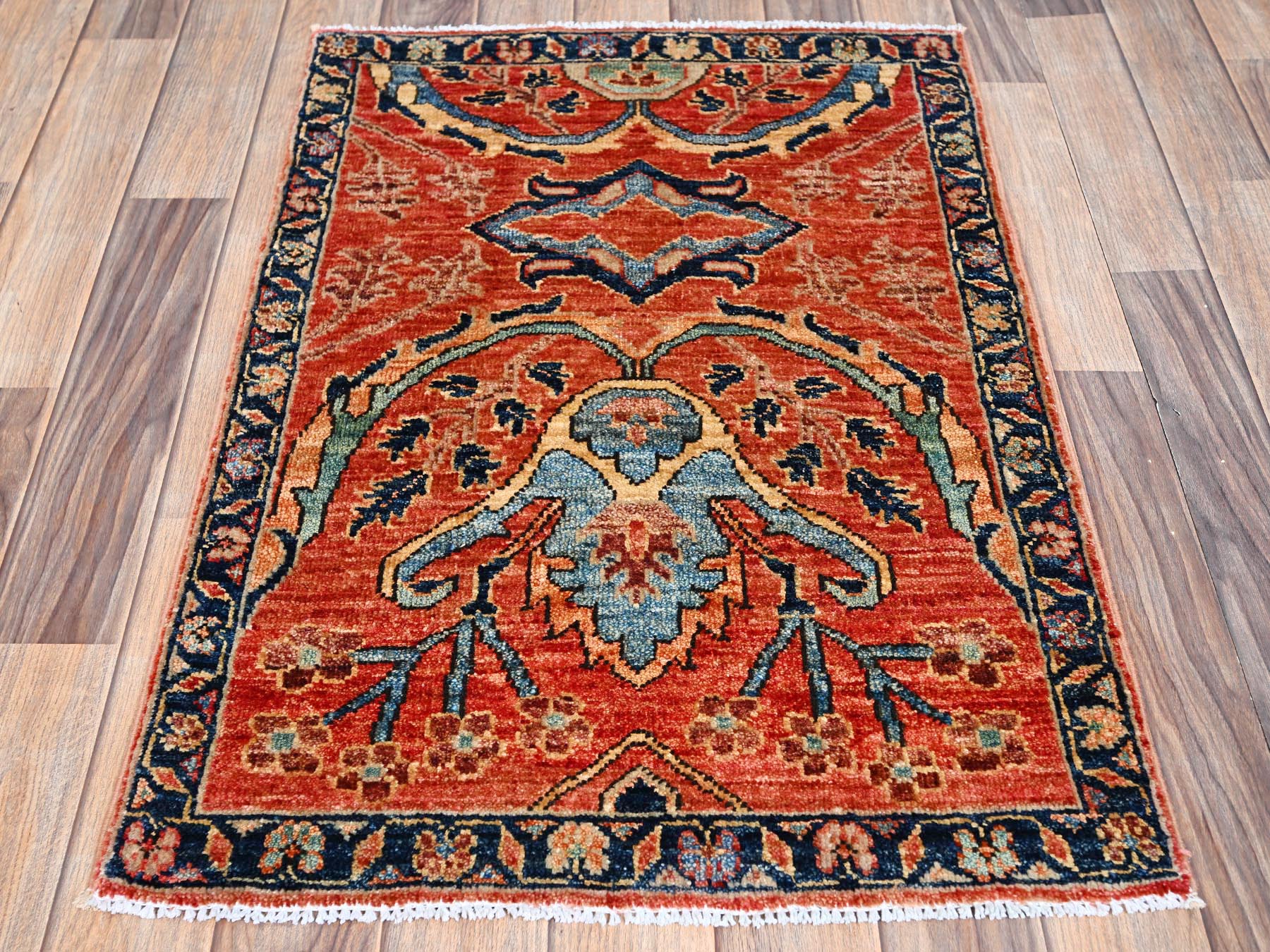 2'1"x3' Coral Orange, Heriz All Over Design, Aryana Grade, Vegetable Dyes, Soft Pile, Hand Knotted, High Mountain Wool, Densely Woven, Sample, Mat, Oriental Rug HR2400 - Image 2