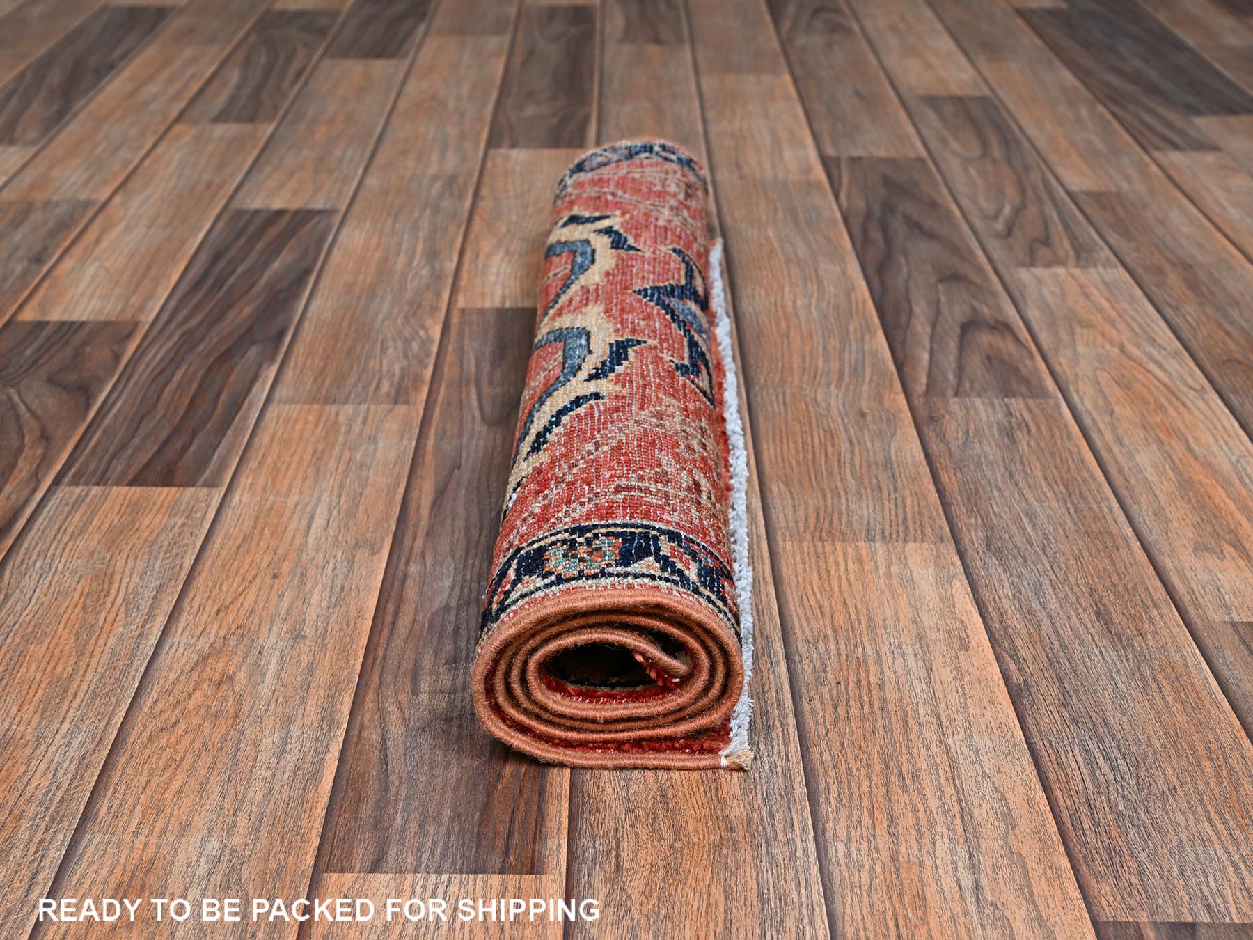 2'1"x3' Coral Orange, Heriz All Over Design, Aryana Grade, Vegetable Dyes, Soft Pile, Hand Knotted, High Mountain Wool, Densely Woven, Sample, Mat, Oriental Rug HR2400 - Image 5