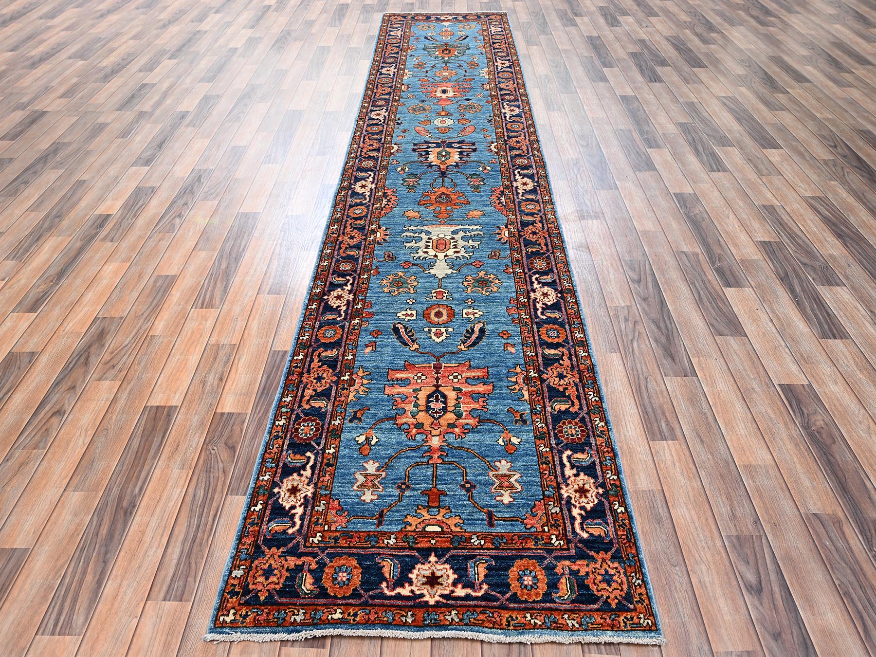 3'x13'9" Marlin Blue, Heriz All Over Design, Aryana Grade, Vegetable Dyes, Soft Pile, Hand Knotted, High Mountain Wool, Densely Woven, Runner, Oriental Rug HR2433 - Image 2