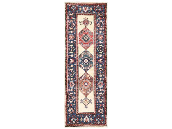 2'1"x6'5" Chiffon White, Serapi Heriz Bakshaish Design, High Mountain Wool, Aryana Collection, Vegetable Dyes, Soft Pile, Hand Knotted, Densely Woven, Narrow Runner, Oriental Rug HR2437