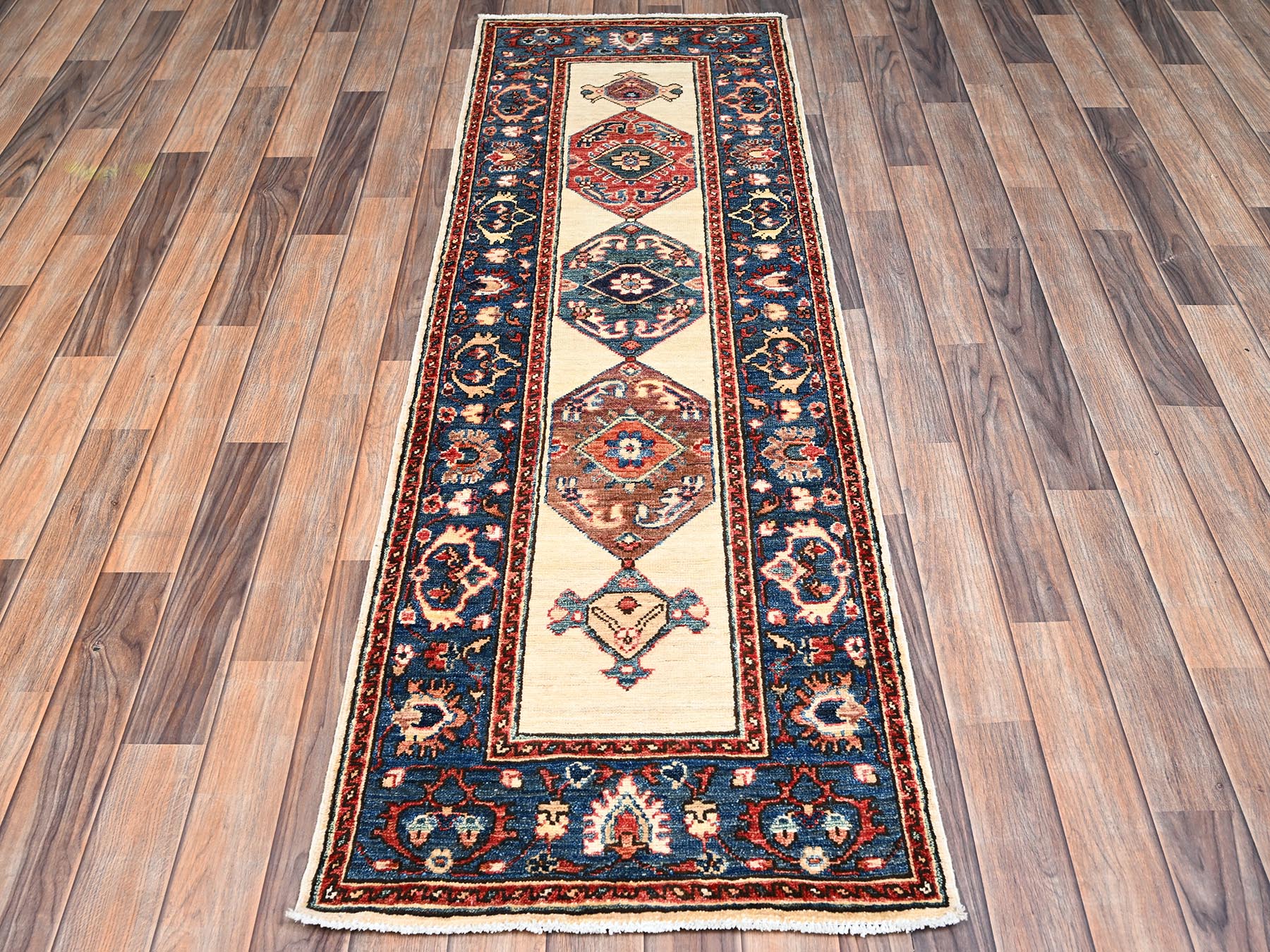 2'1"x6'5" Chiffon White, Serapi Heriz Bakshaish Design, High Mountain Wool, Aryana Collection, Vegetable Dyes, Soft Pile, Hand Knotted, Densely Woven, Narrow Runner, Oriental Rug HR2437 - Image 2