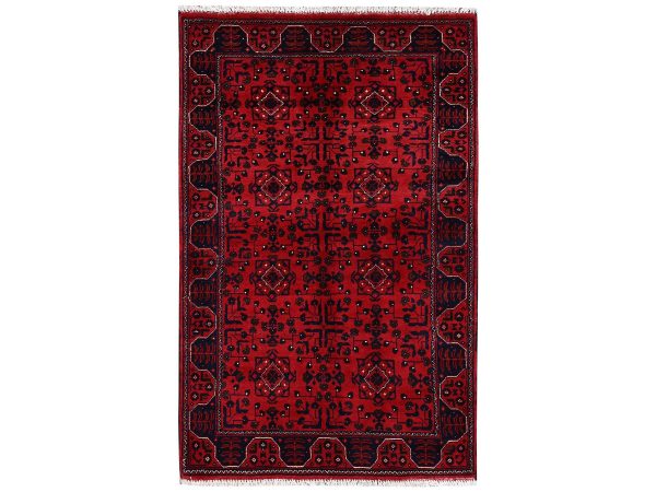 3'1"x5' Scarlet Red, Afghan Andkhoy with Tribal Design, Hand Knotted, Soft and Velvety Wool, Oriental Rug HR2441