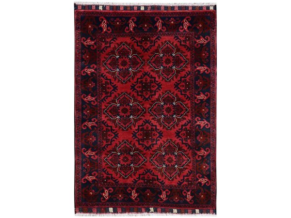 3'4"x4'9" Scarlet Red, Afghan Andkhoy with Rosette Design, Soft and Velvety Wool, Hand Knotted, Oriental Rug HR2442