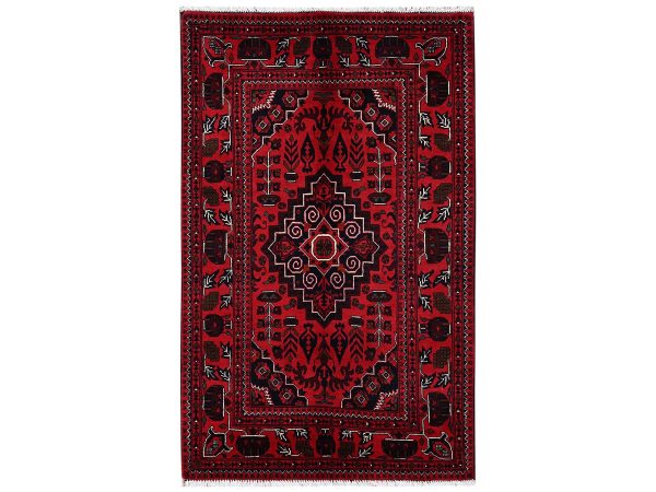 3'5"x5'5" Crimson Red, Afghan Andkhoy with Geometric Medallion, Hand Knotted, Soft and Velvety Wool, Oriental Rug HR2443
