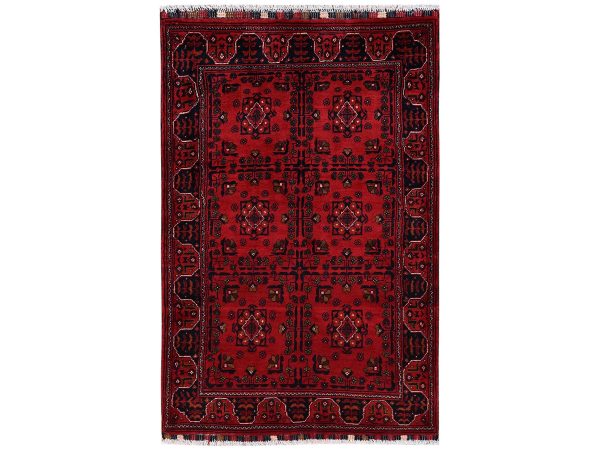 3'5"x5'3" Crimson Red, Afghan Andkhoy with Tribal Motif, Soft and Velvety Wool, Hand Knotted, Oriental Rug HR2445