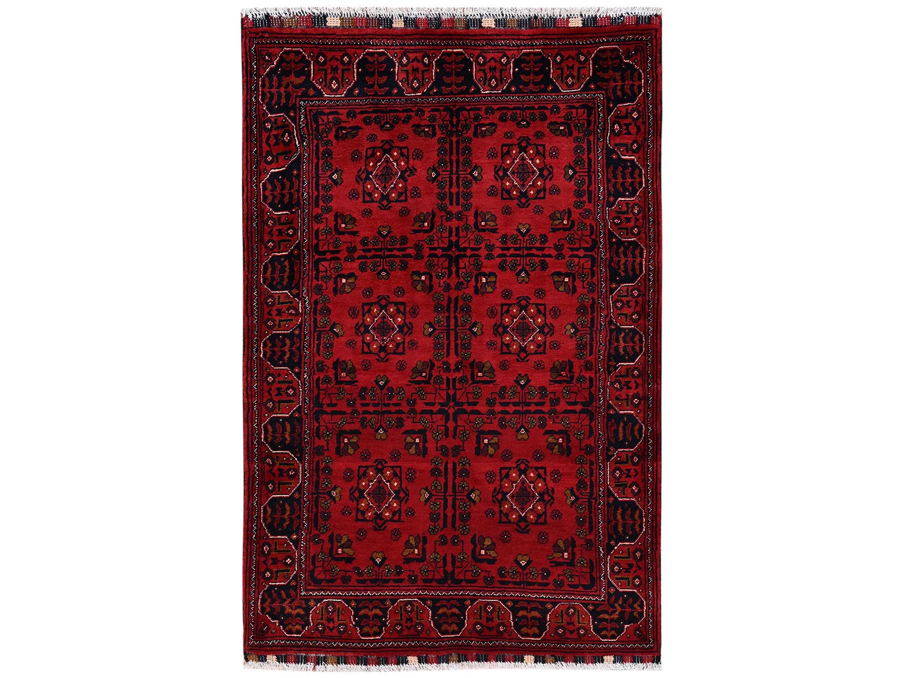 3'5"x5'3" Crimson Red, Afghan Andkhoy with Tribal Motif, Soft and Velvety Wool, Hand Knotted, Oriental Rug HR2445