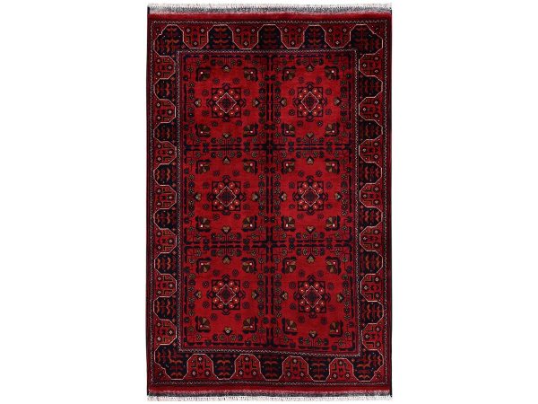 3'4"x5' Crimson Red, Afghan Andkhoy with Geometric Motif, Hand Knotted, Soft and Velvety Wool, Oriental Rug HR2447