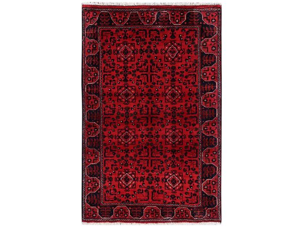 3'1"x4'10" Crimson Red, Afghan Andkhoy with Tribal Motif, Hand Knotted, Soft and Velvety Wool, Oriental Rug HR2450