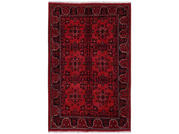 3'4"x5'2" Crimson Red, Afghan Andkhoy with Geometric Motif, Soft and Velvety Wool, Hand Knotted, Oriental Rug HR2451