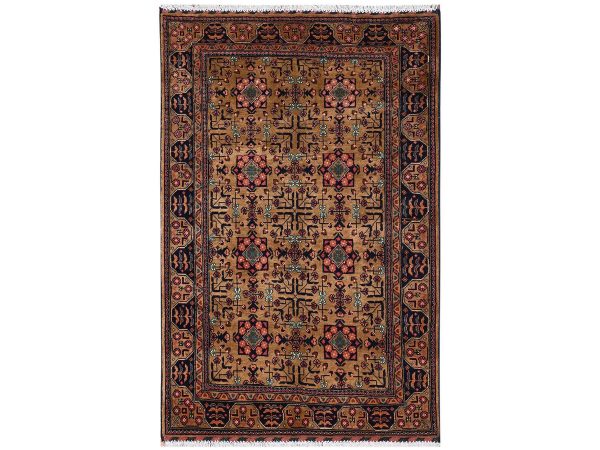 3'4"x5'1" Amber Brown, Hand Knotted, Afghan Andkhoy with All Over Geometric Motif, Soft and Velvety Wool, Oriental Rug HR2454