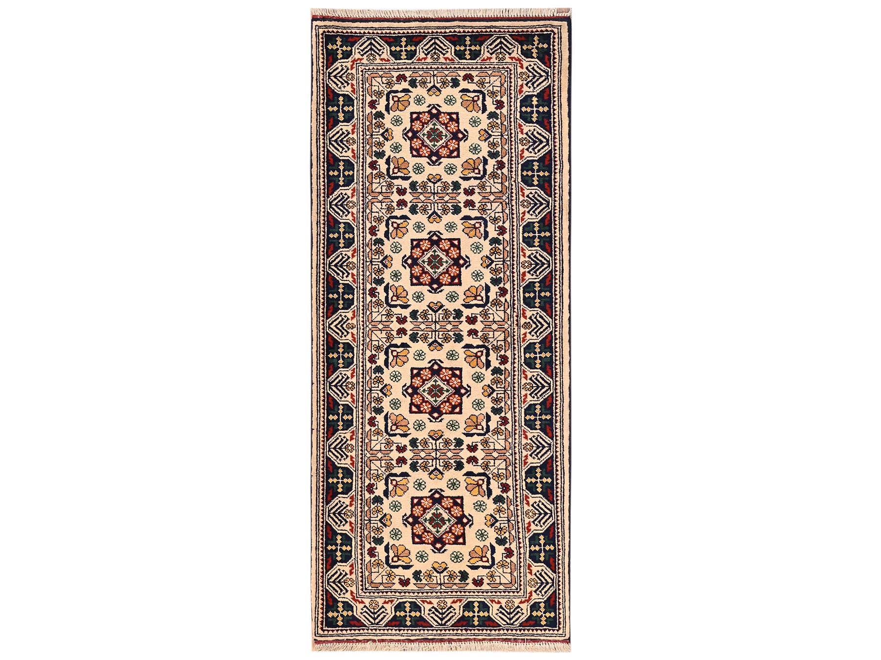 2'3"x4'10" Lace White, Afghan Andkhoy with All Over Geometric Motif, Hand Knotted, Soft and Velvety Wool, Short & Narrow Runner, Oriental Rug HR2458