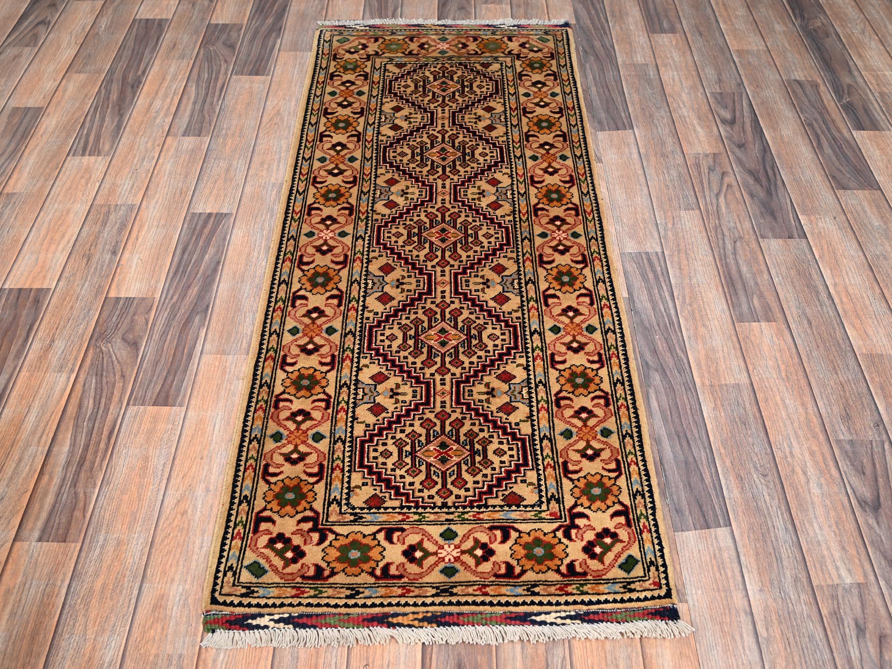 2'2"x5'1" Beige, Afghan Andkhoy with Geometric Pattern, Hand Knotted, Soft Wool, Short & Narrow Runner, Oriental Rug HR2459 - Image 2