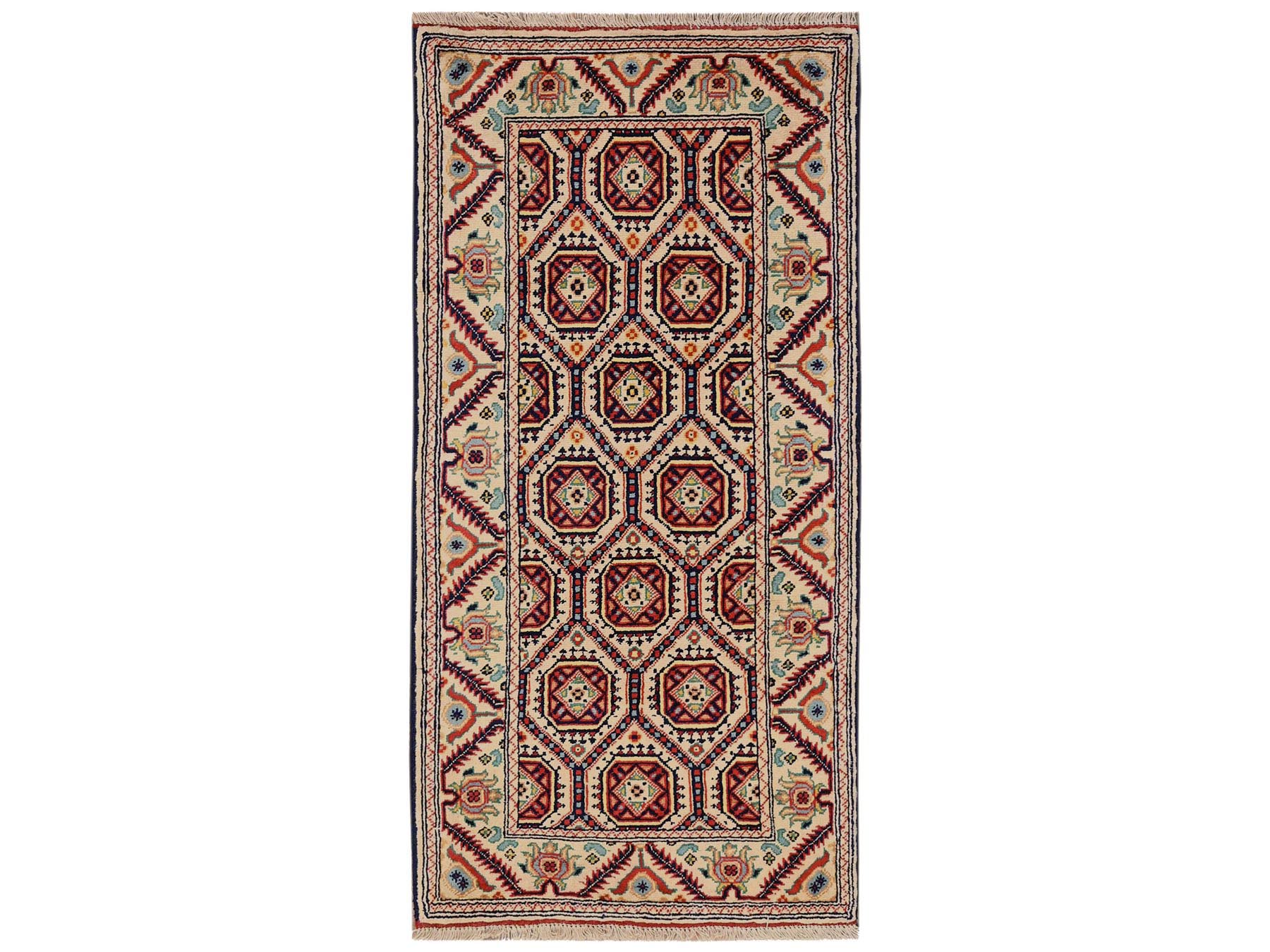 2'1"x4'3" Afghan Khamyab with Ivory Colors, All Over Design, Vegetable Dyes, Hand Knotted, Pure Wool, Mat, Sample, Oriental Rug HR2462