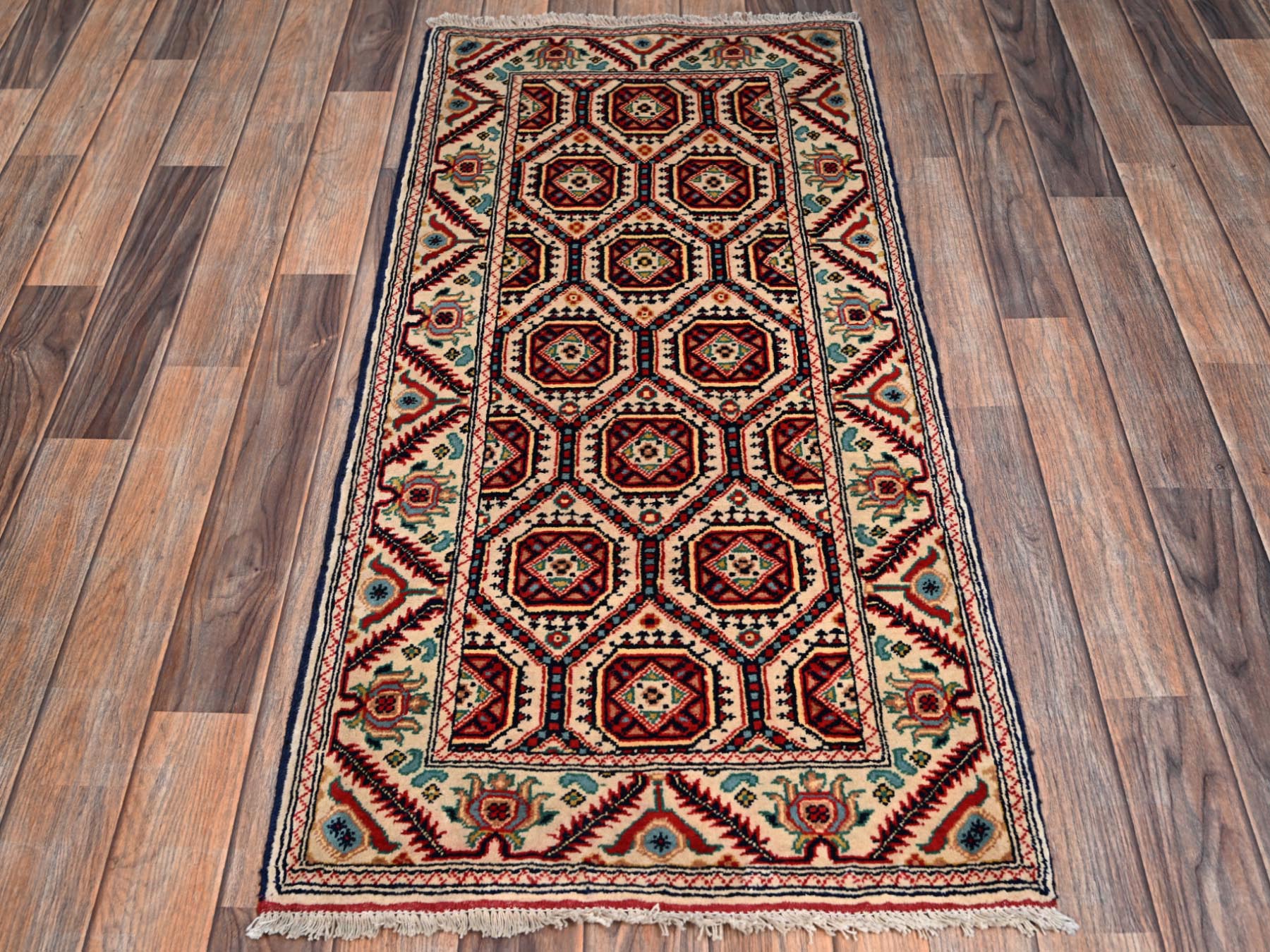 2'1"x4'3" Afghan Khamyab with Ivory Colors, All Over Design, Vegetable Dyes, Hand Knotted, Pure Wool, Mat, Sample, Oriental Rug HR2462 - Image 2