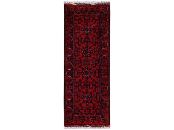 1'10"x4'10" Crimson Red, Hand Knotted, Afghan Andkhoy with Geometric Motif, Soft and Velvety Wool, Short & Narrow Runner, Oriental Rug HR2465