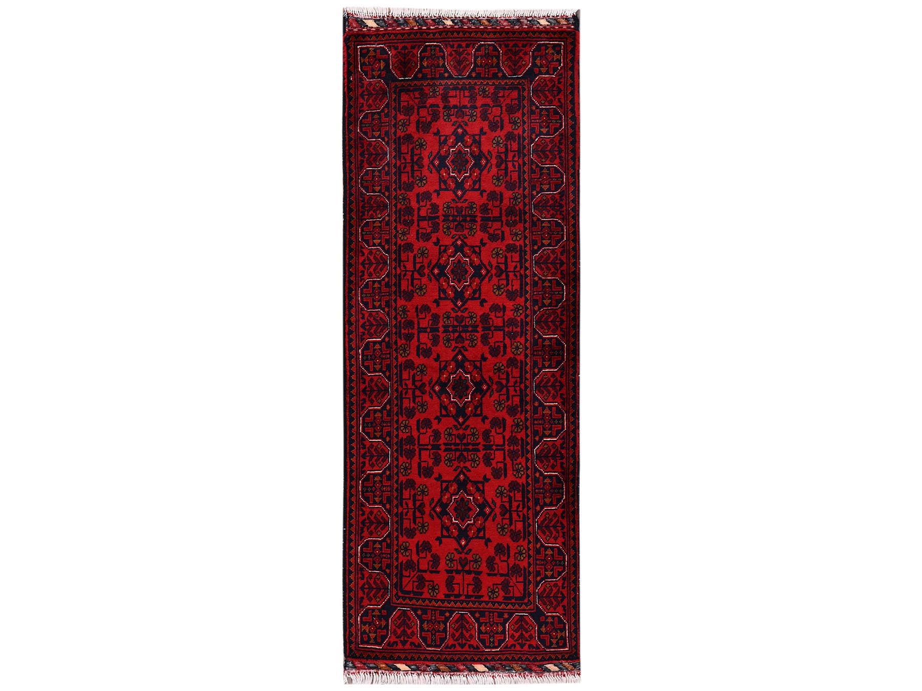 1'9"x5' Crimson Red, Afghan Andkhoy with Geometric Motif, Hand Knotted, Soft and Velvety Wool, Short & Narrow Runner, Oriental Rug HR2466