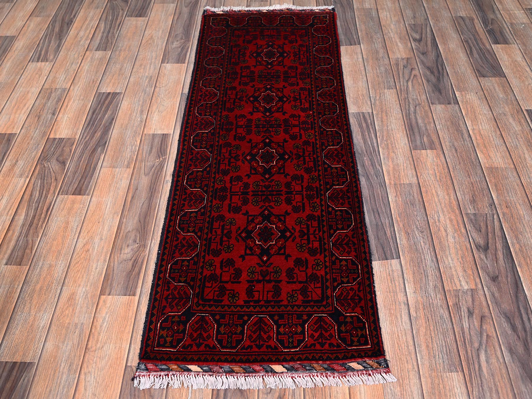 1'9"x5' Crimson Red, Afghan Andkhoy with Geometric Motif, Hand Knotted, Soft and Velvety Wool, Short & Narrow Runner, Oriental Rug HR2466 - Image 2