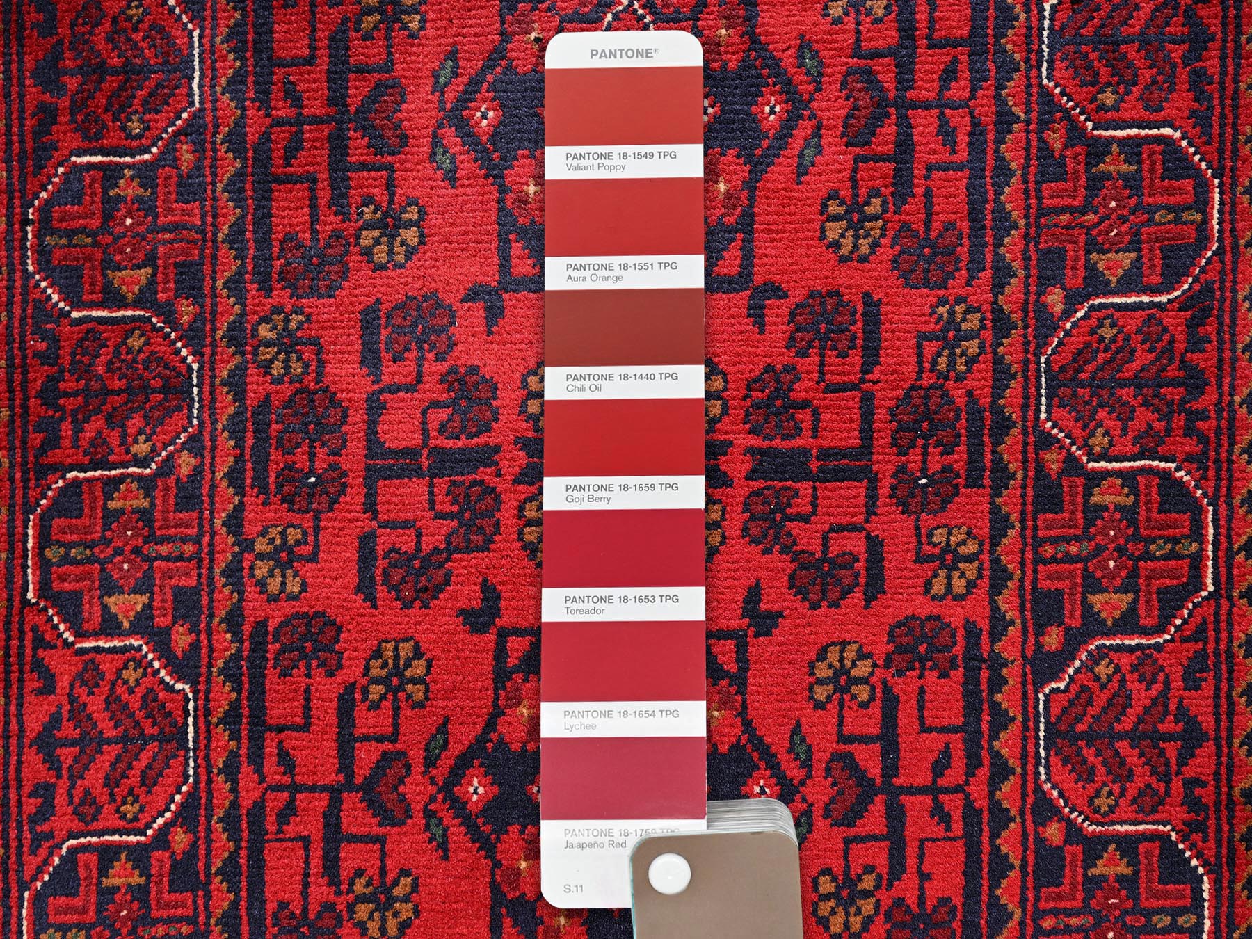 1'9"x5' Crimson Red, Afghan Andkhoy with Geometric Motif, Hand Knotted, Soft and Velvety Wool, Short & Narrow Runner, Oriental Rug HR2466 - Image 4