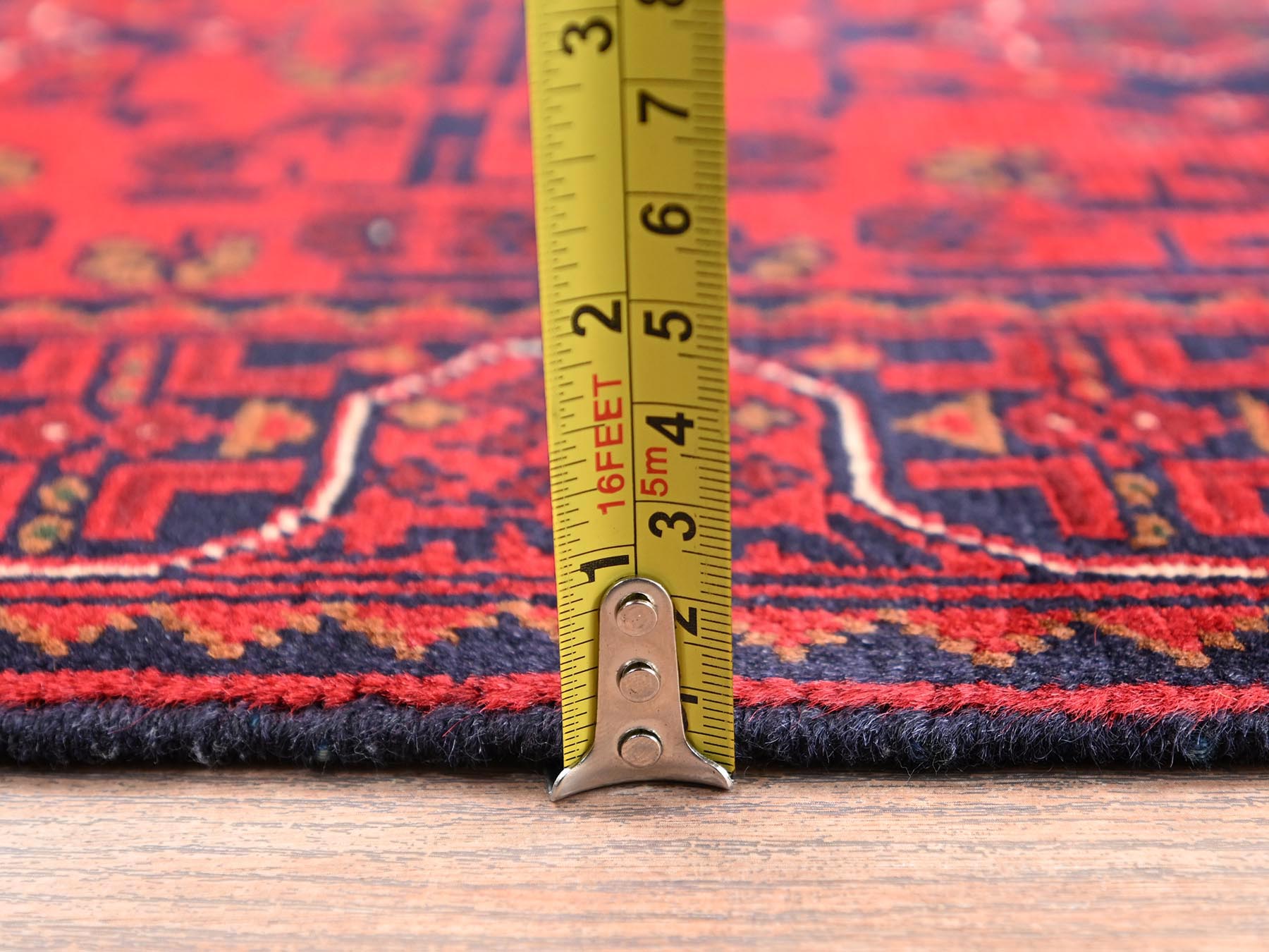 1'9"x5' Crimson Red, Afghan Andkhoy with Geometric Motif, Hand Knotted, Soft and Velvety Wool, Short & Narrow Runner, Oriental Rug HR2466 - Image 6