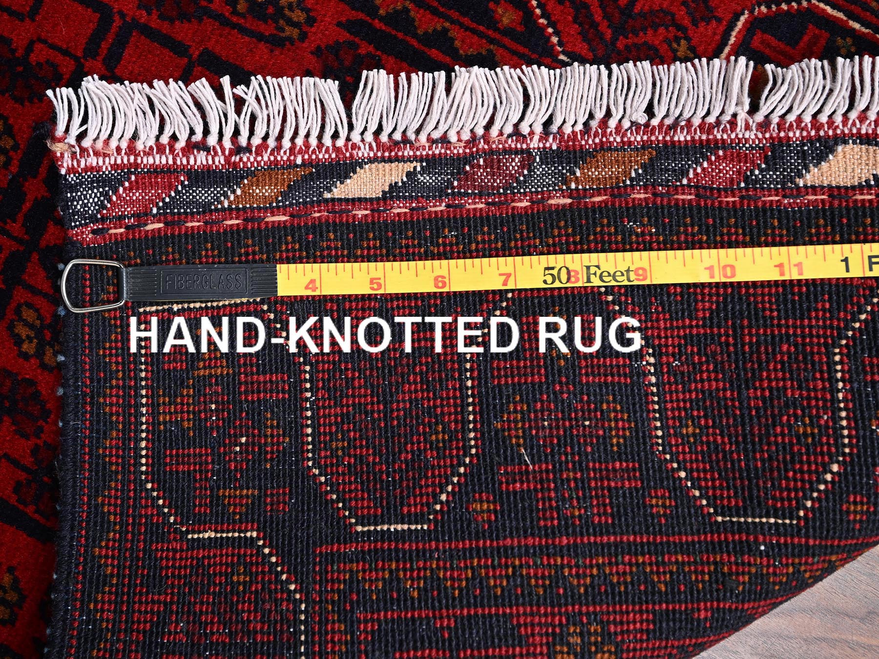 1'9"x5' Crimson Red, Afghan Andkhoy with Geometric Motif, Hand Knotted, Soft and Velvety Wool, Short & Narrow Runner, Oriental Rug HR2466 - Image 7