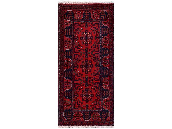 2'1"x4'9" Crimson Red, Afghan Andkhoy with Geometric Motif, Soft and Velvety Wool, Hand Knotted, Short & Narrow Runner, Oriental Rug HR2467