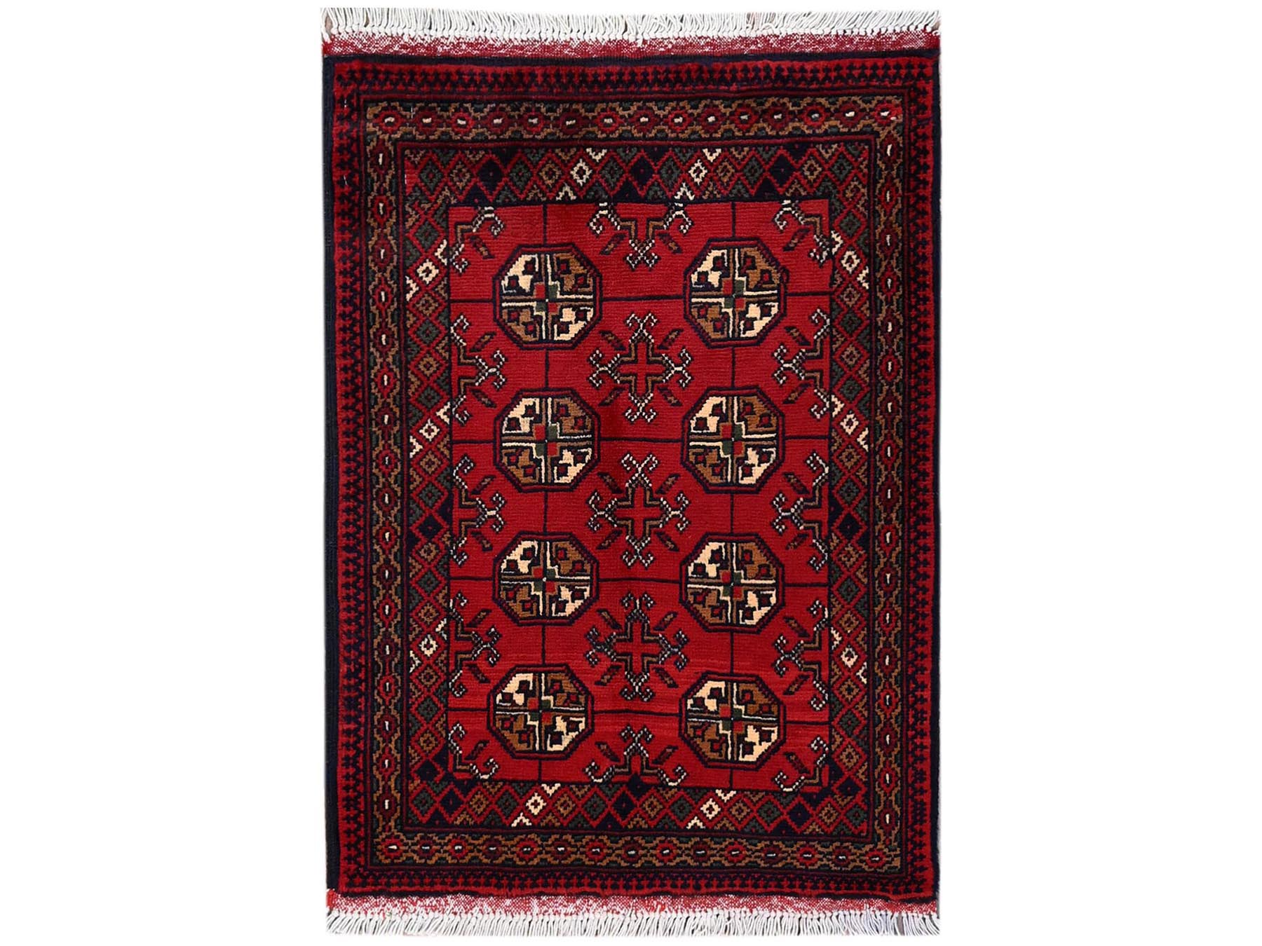 2'x2'10" Crimson Red, Princess Bokara with Geometric Medallions, Hand Knotted, Soft and Shiny Wool, Mat, Sample, Oriental Rug HR2471