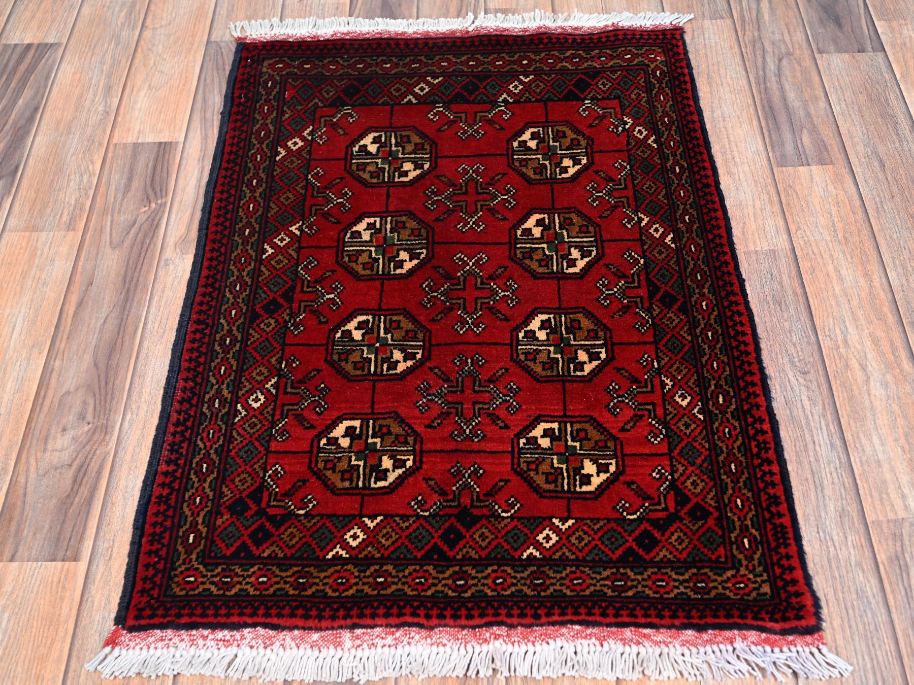 2'x2'10" Crimson Red, Princess Bokara with Geometric Medallions, Hand Knotted, Soft and Shiny Wool, Mat, Sample, Oriental Rug HR2471 - Image 2