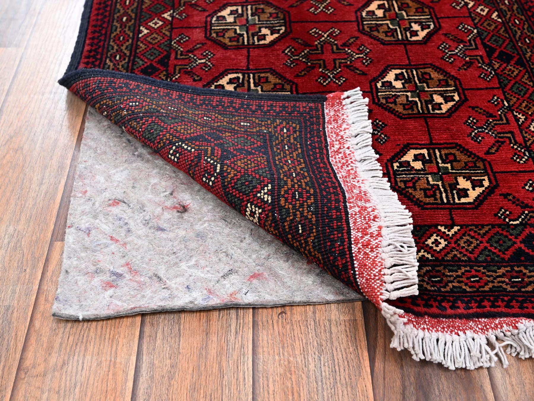 2'x2'10" Crimson Red, Princess Bokara with Geometric Medallions, Hand Knotted, Soft and Shiny Wool, Mat, Sample, Oriental Rug HR2471 - Image 3