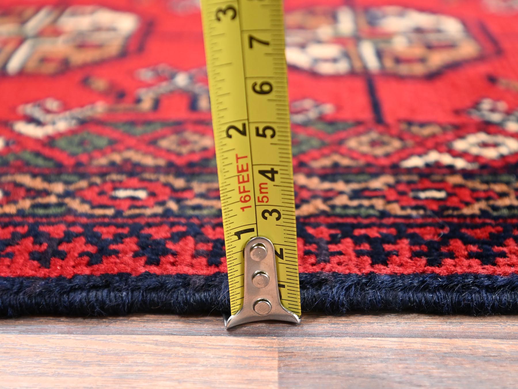 2'x2'10" Crimson Red, Princess Bokara with Geometric Medallions, Hand Knotted, Soft and Shiny Wool, Mat, Sample, Oriental Rug HR2471 - Image 6