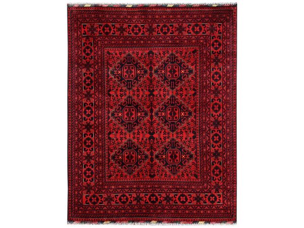 5'x6'5" Crimson Red, Afghan Andkhoy with Geometric Design, Soft and Velvety Wool, Hand Knotted, Oriental Rug HR2474