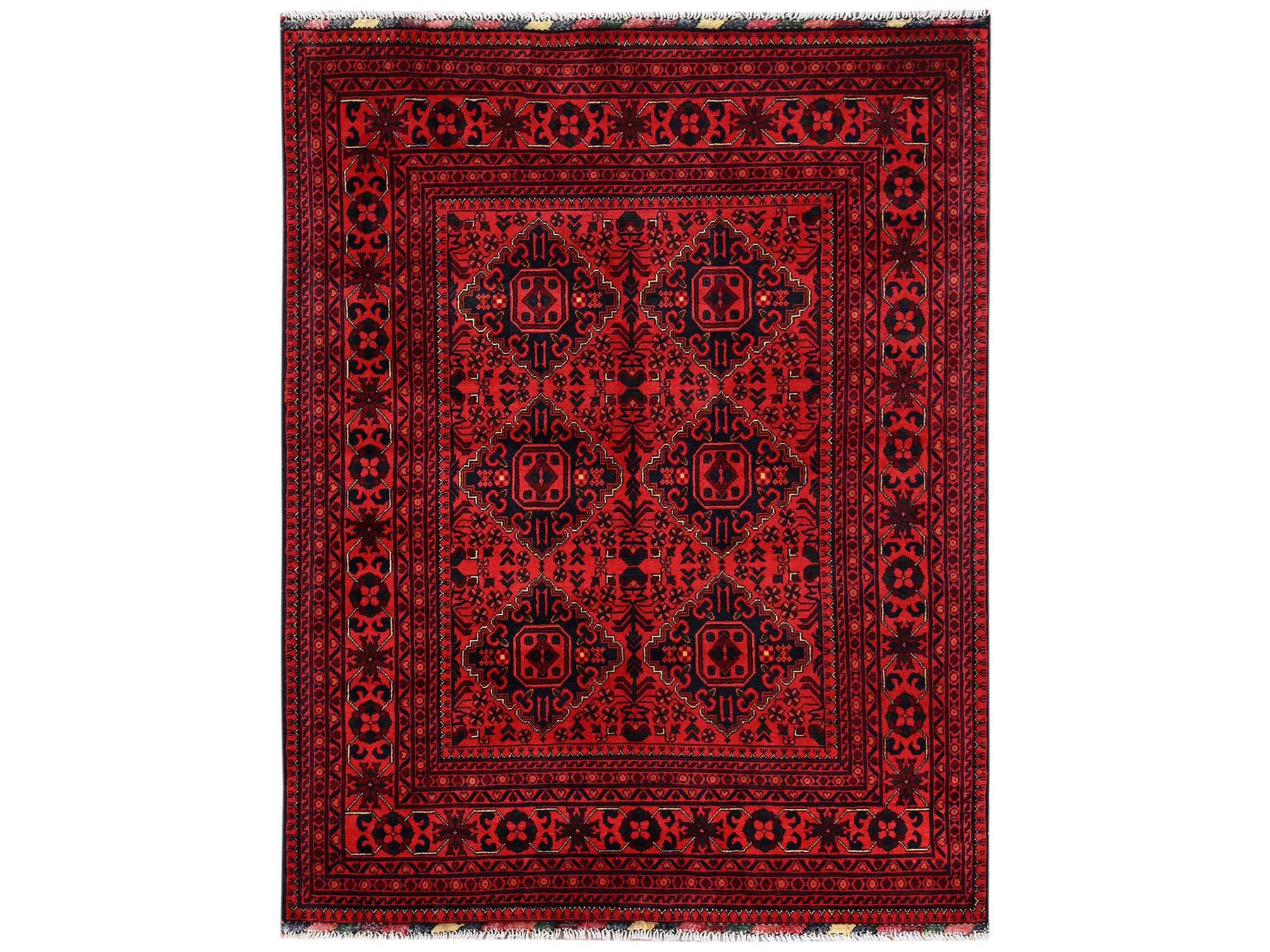 5'x6'5" Crimson Red, Afghan Andkhoy with Geometric Design, Soft and Velvety Wool, Hand Knotted, Oriental Rug HR2474
