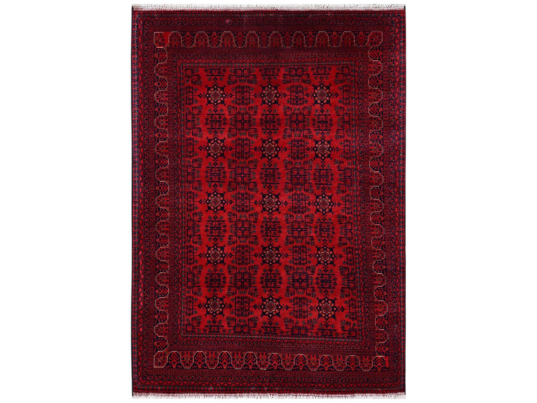 5'7"x8' Crimson Red, Afghan Andkhoy with Tribal Motif, Hand Knotted, Soft and Velvety Wool, Oriental Rug HR2482