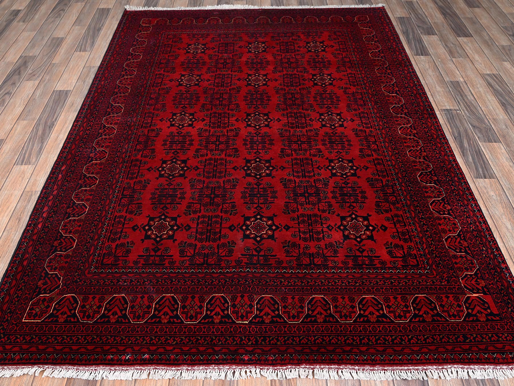 5'7"x8' Crimson Red, Afghan Andkhoy with Tribal Motif, Hand Knotted, Soft and Velvety Wool, Oriental Rug HR2482 - Image 2