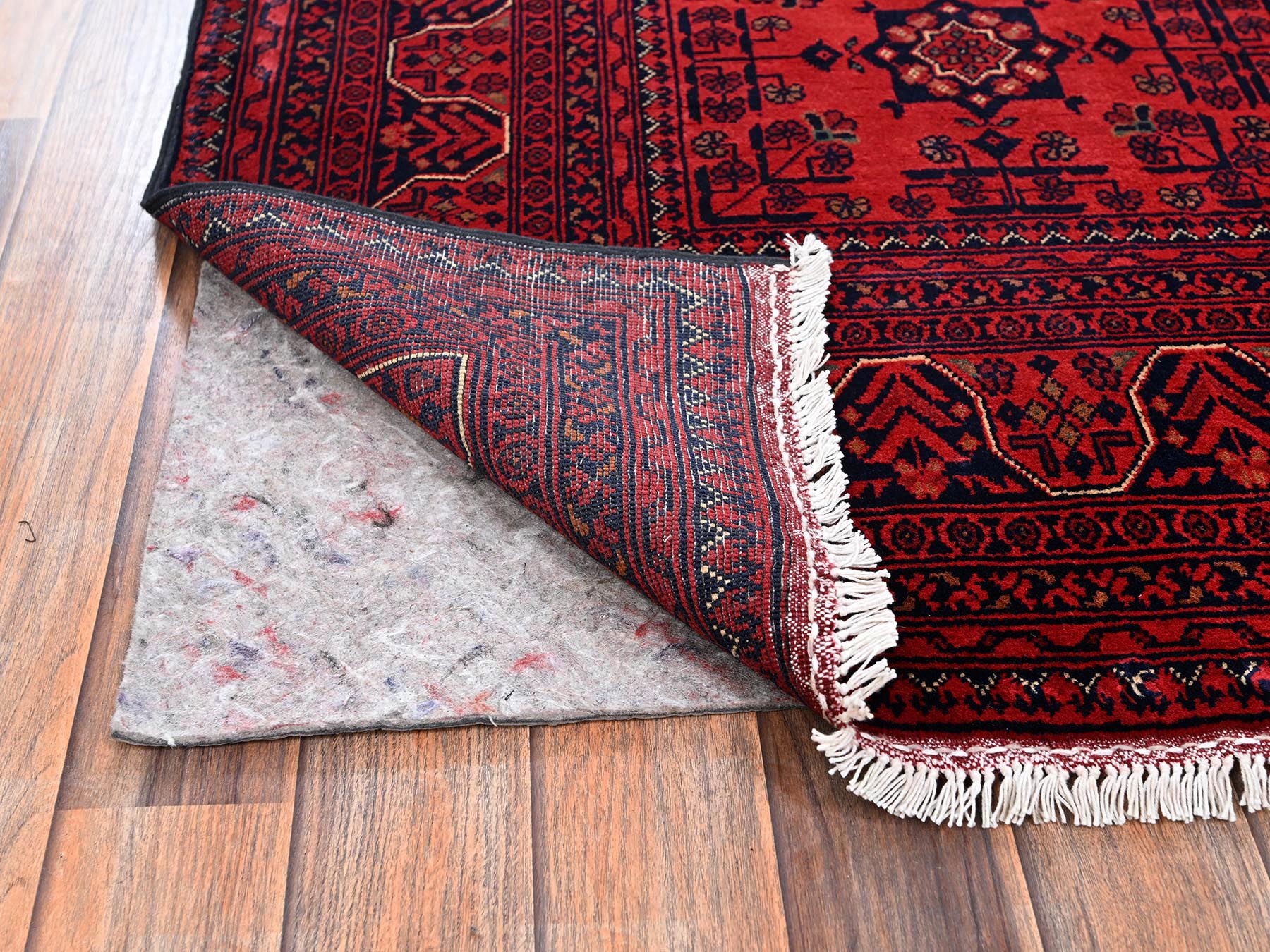 5'7"x8' Crimson Red, Afghan Andkhoy with Tribal Motif, Hand Knotted, Soft and Velvety Wool, Oriental Rug HR2482 - Image 3